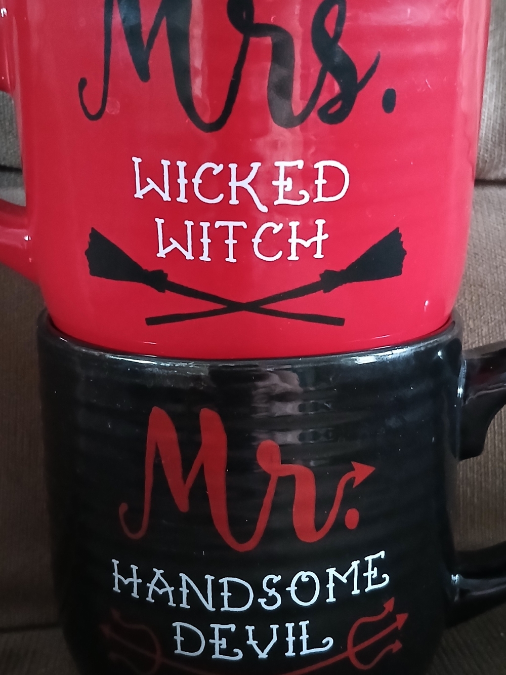 Red and Black 'Mr. Handsome Devil / Mrs. Wicked Witch' Ceramic Coffee Mugs Set